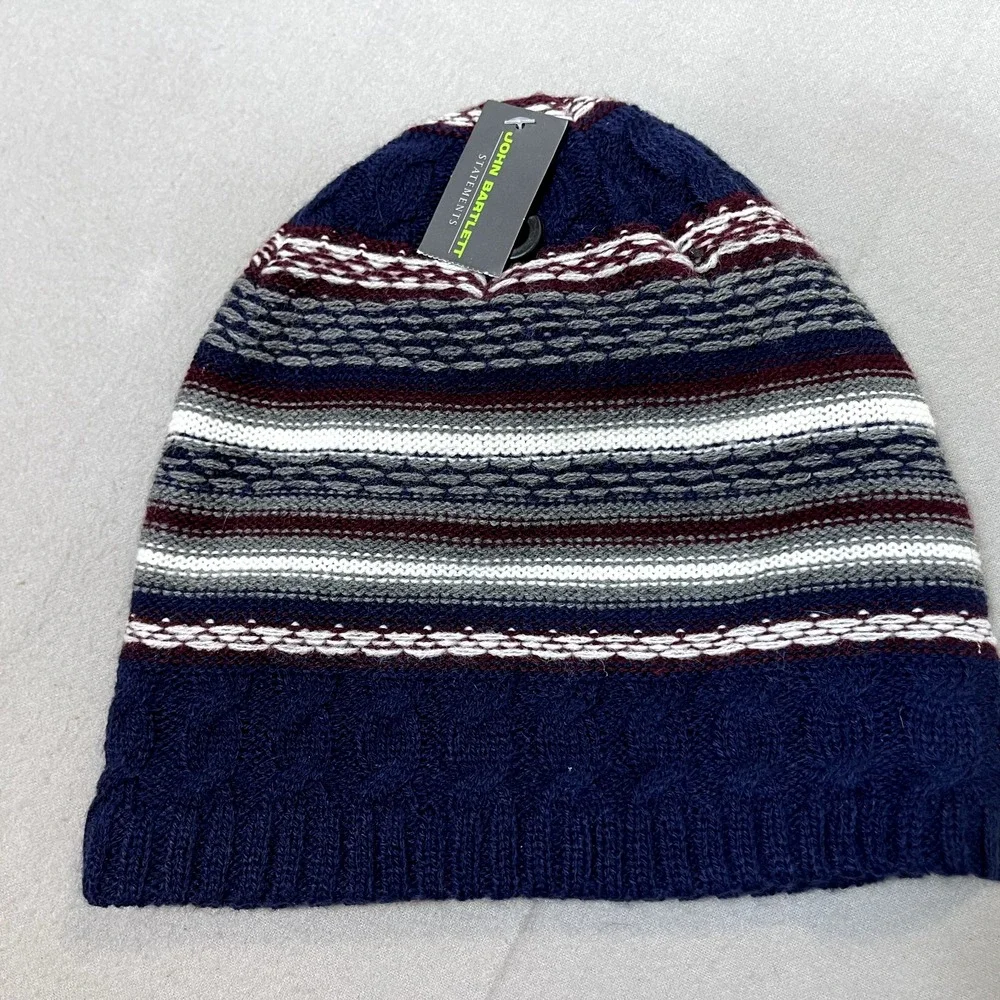 John‎ Bartlett Beanie hat Blue White Maroon Striped NEW